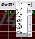 [x0.5, x1.0, x1.5, x2.0, x2.5, x3.0, x3.5, x4.0, …] の 9 項目と、もしあれば最新の任意入力値 1 項目を持つドロップダウンリストです。